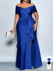 Plus Size Summer Elegant Sexy Plain Women's Dress, Plus Size Deep V Neck Short Sleeve High Waist Ruffle Split Bodycon, Fashionable & Chic