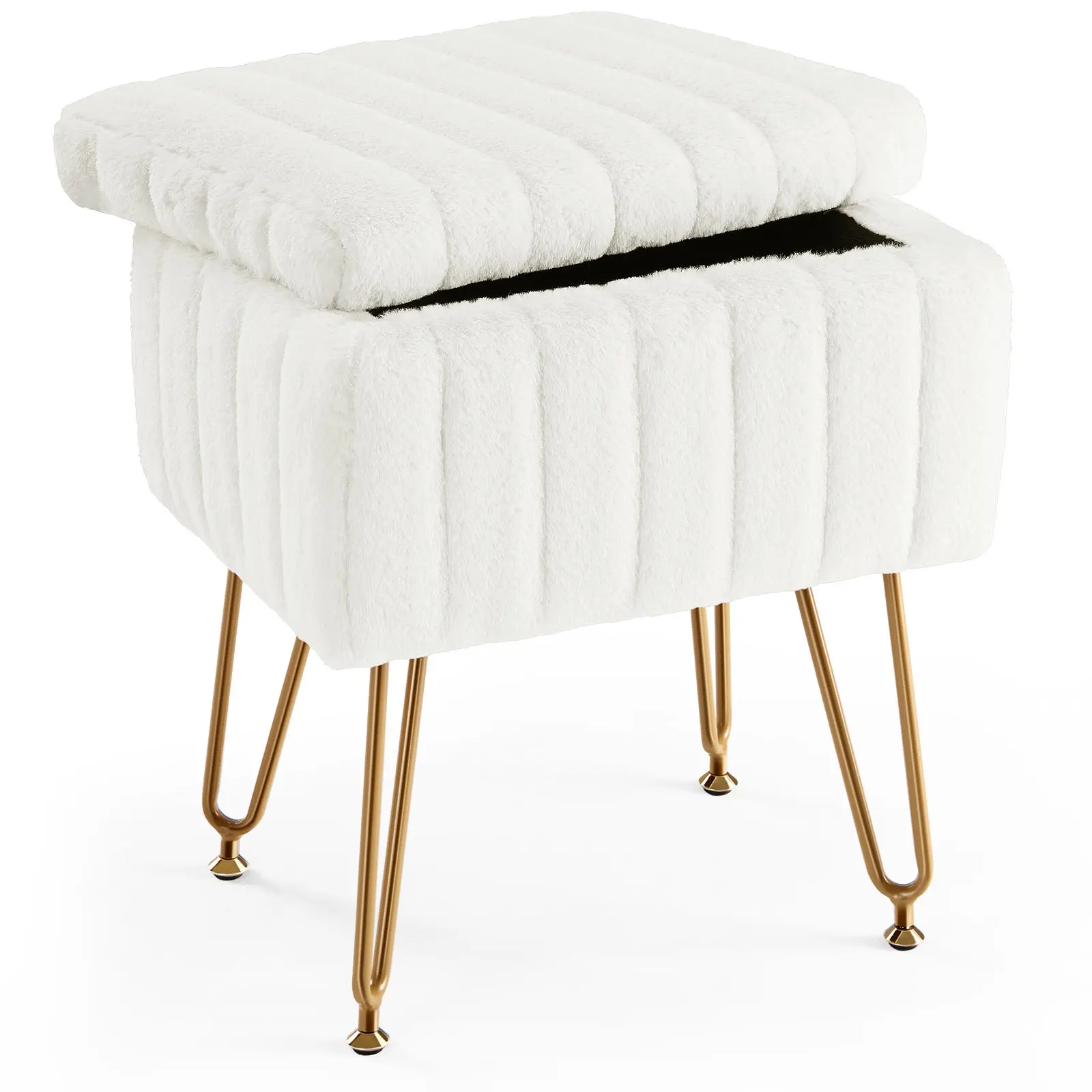 Vanity Stool Chair with Storage – Ottoman Faux Fur Soft Padded Makeup Footstool Seat – 4 Metal Legs with Anti-Slip Adjustable Feet for Bedroom & Dressing Room