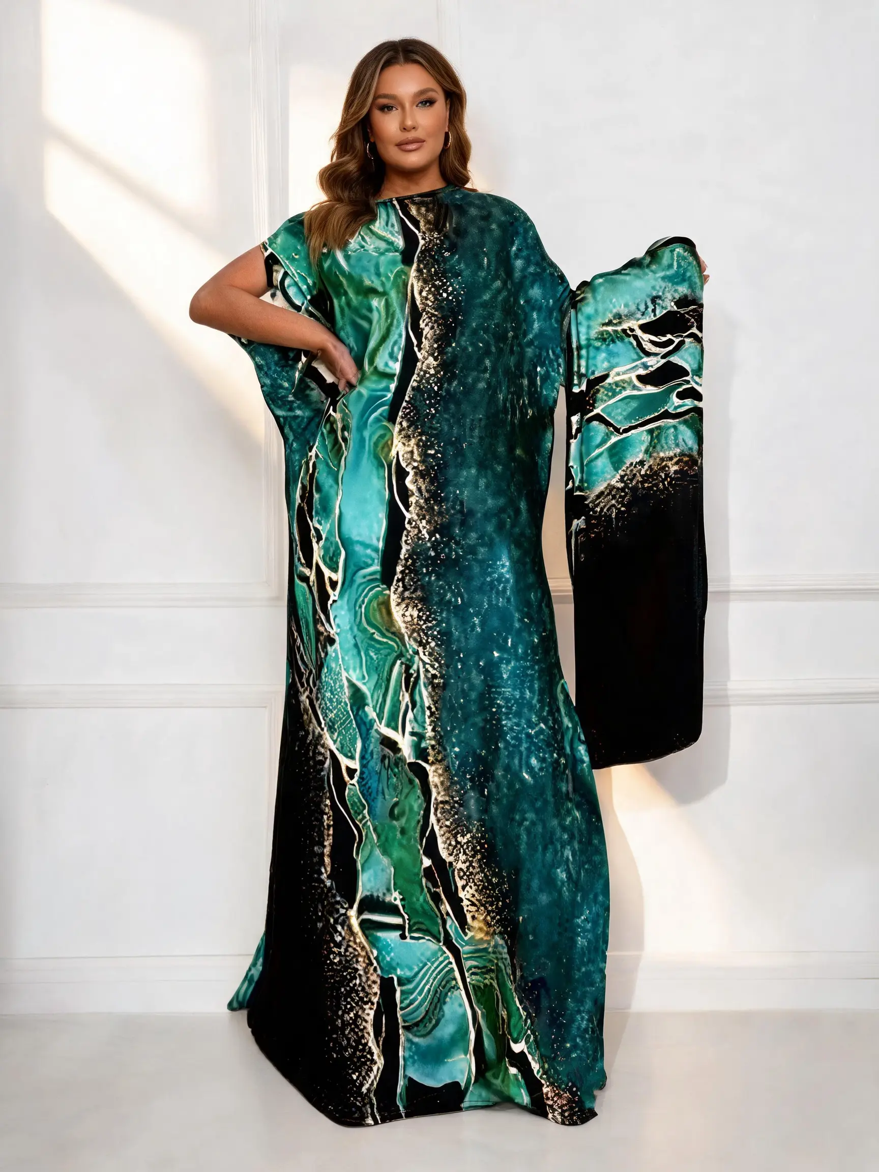 【Rainforest Emerald Collection】Women's Tropical Oversized Casual Lounge Dress - Polyester, Short-Sleeve, Crew Neck, Smooth Soft Fabric, Elegant Loose Fit, Modest Muslim Aesthetics, Plant Digital Print, Beach Travel Wear