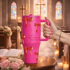 40oz Romantic Insulated Mug with Handle, Pink Bow Bible Verse Vacuum Insulated Tumbler John 4:19 We Love Because He First Loved Us, Cute Girly Gift for Women, Hot Cold Drinks, Insulated Leakproof, Leak Proof Large Capacity Travel Mug, Insulated Drinkware