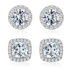 2 Pairs Round Square Earrings Hypoallergenic Cubic Zirconia Earrings for Women Men Gift