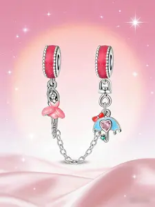Ballerina & Umbrella Safety Chain Charm, Tutu & Heart Gem Detail, Girly Ballet Jewelry for Pandora Bracelet, Elegant Accessory