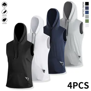 Men's Solid Color Adjustable Hooded Short-Sleeved Training Vest - Drawstring Gymwear, Yoga Gym Activewear, Yoga Sports Vest for Daily Gym Activities