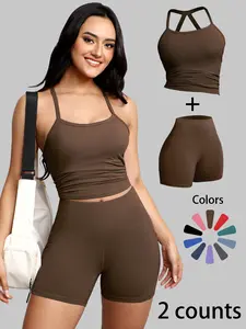 Women's Sport Yoga Set, High-Waisted Pocketed Biker Shorts & Halter Top, Summer Running Gym Workout Clothes, Fitness Outfits