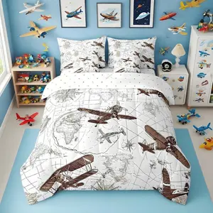 3D Aircraft Comforter Set 7 Pieces Airplane Print Bed in a Bag Aircraft Flying Flight Map Air Route Bedding Set Bedroom Decor Brown Bed Set with Comforter,Sheet Set,Pillowcases