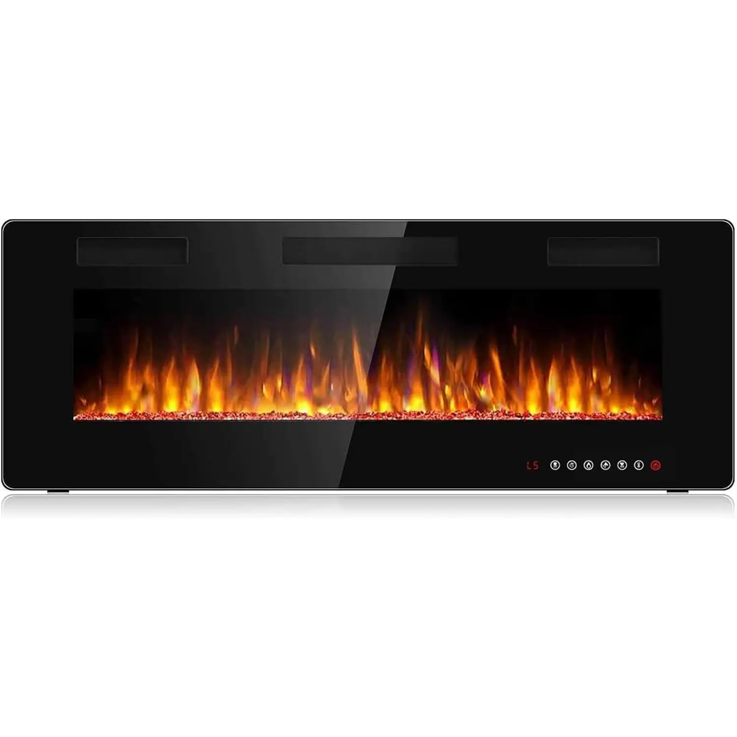 PUKAMI Ultra-Thin Silent Linear Electric Fireplace Furniture - Power Heated Home Heater with Automatic Heating System, Tempered Glass, 2x4 & 2x6 Stud Fit, 12 Adjustable Flame Colors, Speeds & Flame Control, Indoor Use