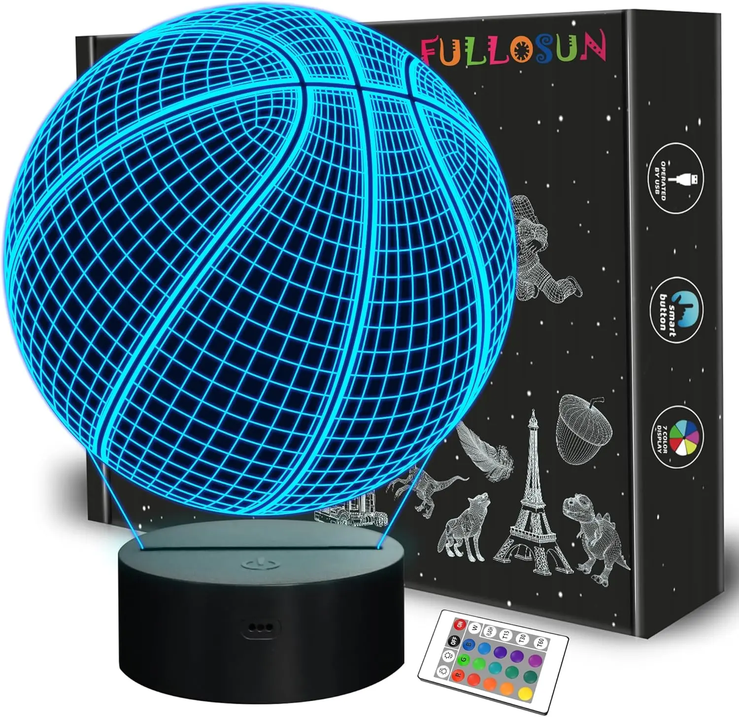3D Acrylic Basketball Novelty Lighting - Remote Control, 16-Color Dynamic RGB LED Lights with Cyan, Battery-Operated Cool Night Light for Sports Fans, Perfect Birthday Gift for Boys & Adults