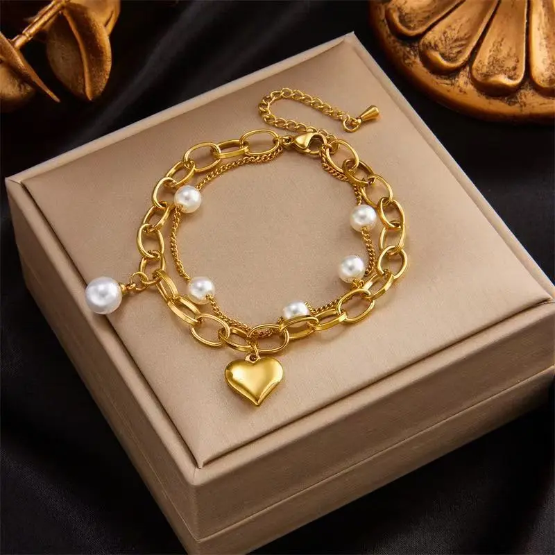 Women's Elegant Gold Heart Charm Bracelet - Pearl Accents, Charm Bracelets, Casual Wear, Unisex Chain Jewelry Bangles, Fashion Costume Jewelry Wrist Candy