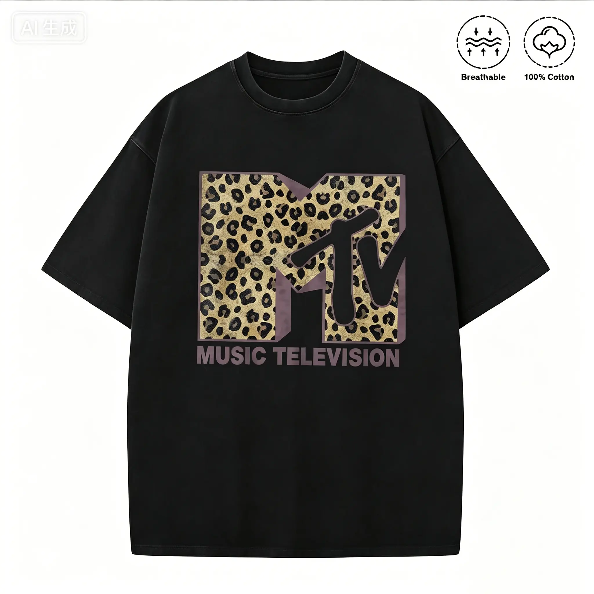 Men's Graphic T-Shirt, Black Retro Leopard Print Tee in 100% Cotton, 90s Vintage Oversized Streetwear Top for Music Fans, Shortsleeve, Tshirt, Aesthetic Graphic Tee, Cheetah Print, Stylish, Casual, Loose, Menswear, Round Neck, 90S Graphic Tees