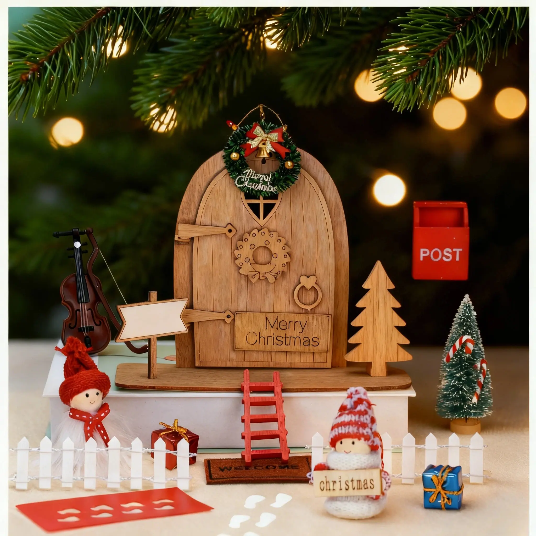 22-Pcs Classic or Brown Wood Fairy Door Wall Mount Kit - Mini Elf Door with Welcome Mat, Boots, Decorative Home Ornament, Home Decor Accessory, Interior Decoration Accessories for Kids Bedroom, DIY Play