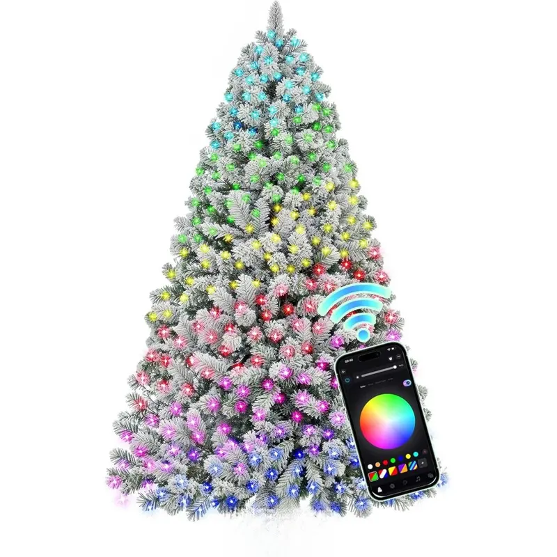 HOLLO STAR 7.5 ft Flocked Prelit Christmas Tree with 503 LED Lights, App Control, Artificial Christmas Tree, Multi-Color RGBW Lights, 1355 Branch Tips, Snow Xmas Tree, for Home, Party