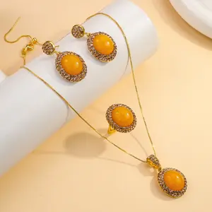 JunDa Retro Light Luxury Jewelry Set for Women Amber Jade Inlaid Zircon Earrings Necklace & Ring 3-Piece Set Elegant Stylish