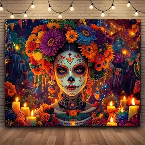 1pc Extra Large Polyester Sugar Skull Tapestry, Vibrant Day of the Dead Wall Decor, Ideal for Mexican Fiesta Party Backdrop, Photo Booth Prop, Celebration Decoration