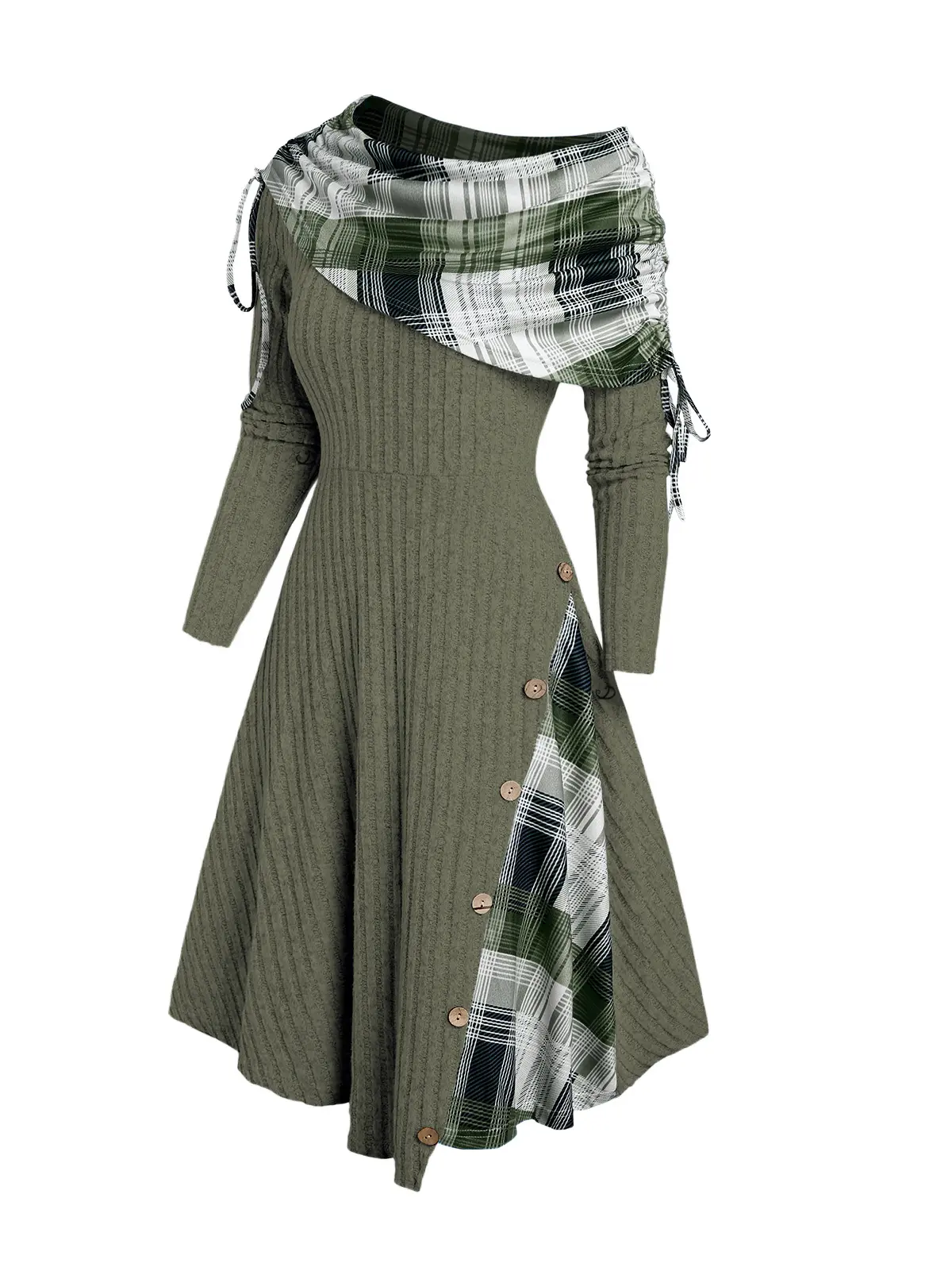 2025 Women's Christmas Dress Plaid Patchwork Off The Shoulder Cinched Asymmetric Dress Mock Button Decor Ribbed Warm Dresses