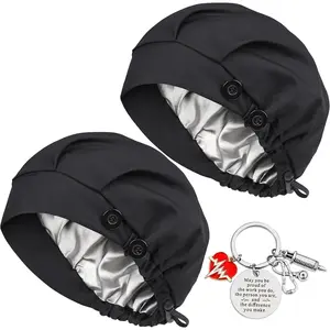 2 count Satin Lined Bouffant Scrub Cap with 4 Buttons and Sweatband Adjustable