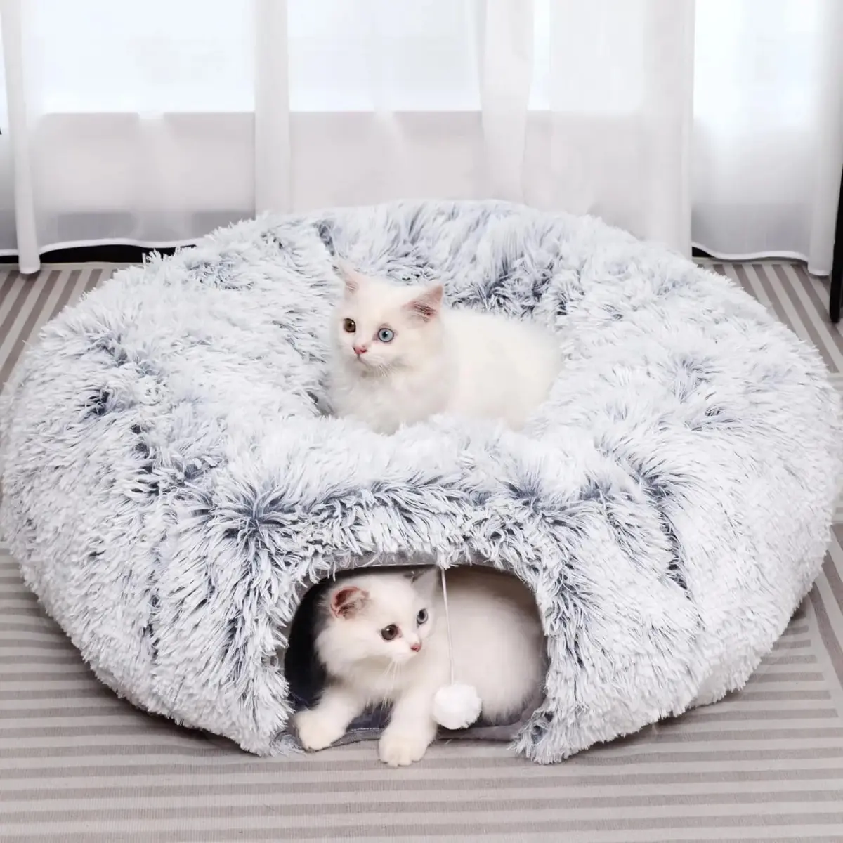 Cute Calming Kitten Beds, Kitten Essential Items - Soft Plush Warm, Foldable Detachable Washable Cat Tunnel with Multifunctional Splicing Design for Cozy Playtime & Relaxation