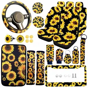 21pcs Sunflower Print Car Seat Covers & Interior Accessories Set: Thin Summer Polyester Five-Seat Car Seat Covers, Steering Wheel Cover and Other Ornaments, Suitable for Most Cars and SUVs