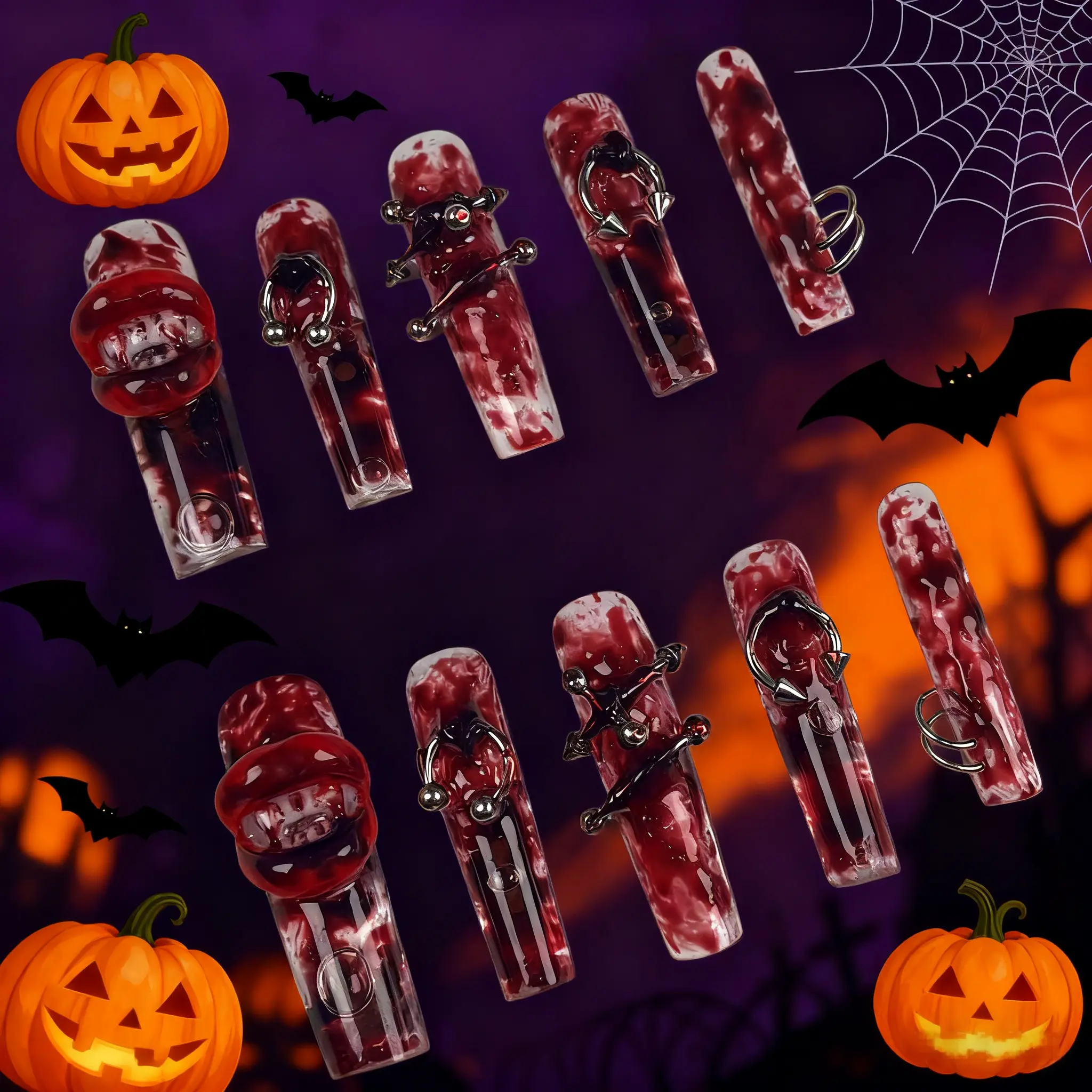 Vampire Blood Flow Themed Halloween Handmade Reusable Nails, 10-Piece 1.7in Multi-Pack Acrylic Press-On Set with Rings & Spike Details, Tool Kit Included, DIY False Toenails, Halloween Aesthetic, Flowing Effect, 10Pcs, False Nails, 1.7 Inches, 3D Mouth De