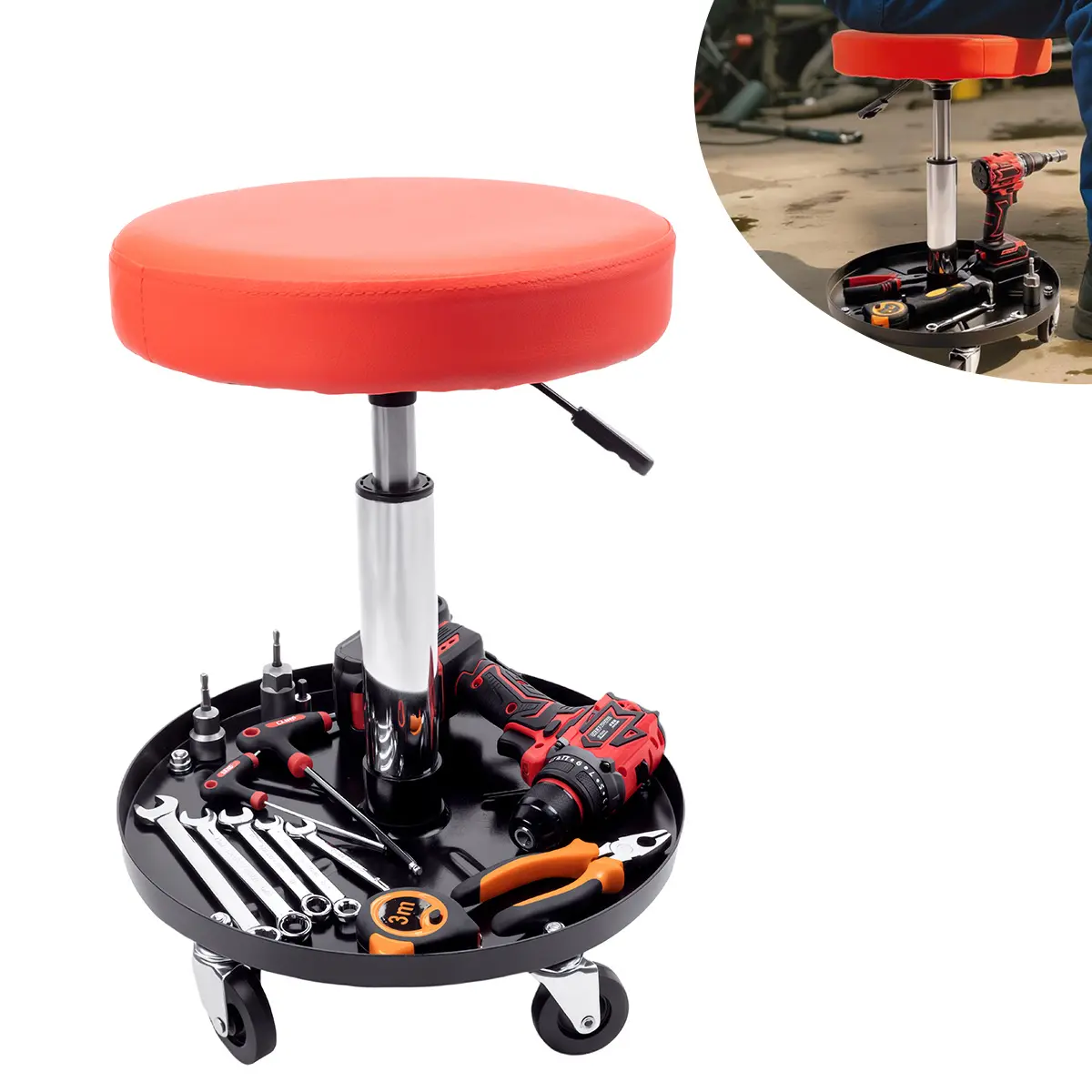 WheelX Durable and Stable Garage Stool - 1x Automotive Maintenance Tool, 300 LBS Capacity, 17"-23" Height Pneumatic Adjustment, Rolling Casters, Padded Seat, Tool Tray for Home Garage Auto Repair Shop