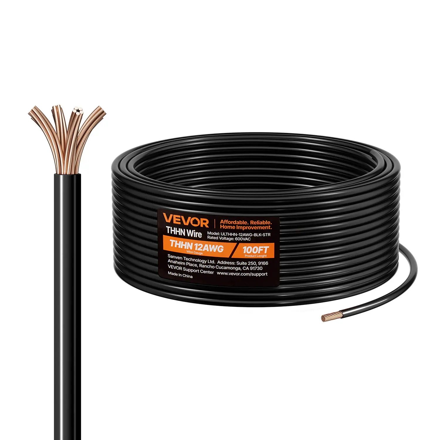 【Summerfinds】VEVOR 12 AWG THHN Building Wire, 19-Stranded 100% OFC Copper Cable, Nylon Dual-Layer Insulation Jacket, 600V High Voltage, 100 ft Pre-Cut Black Wire, -13℉ to 194℉ Temp Range, Flexible & Easy to Bend, Industrial Use