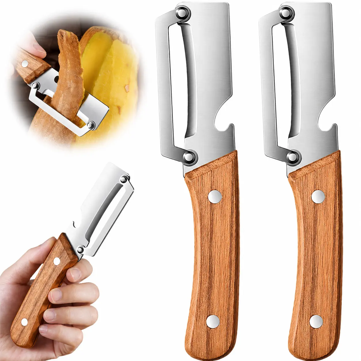 Multi-Functional Stainless Steel Thickened Fruit Peeler Knife for Kitchen, Ultra-Sharp Blade with Wooden Handle and Bottle Opener, For Vegetables or Fruits that Need to Be Peeled (2Pcs)