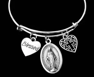 Blessed Miraculous Virgin Mary Filigree Heart Cross Silver Expandable Charm Bracelet Adjustable Bangle