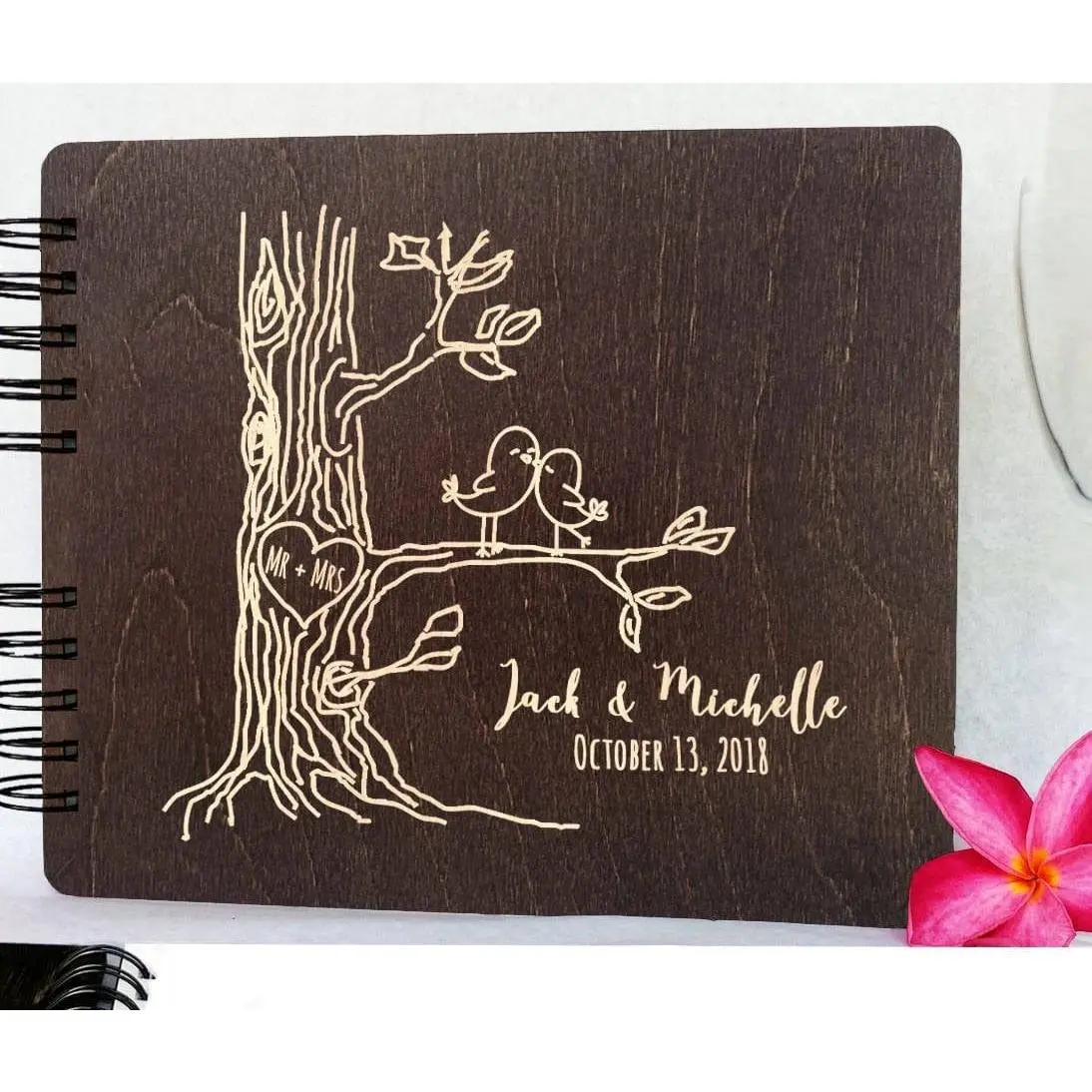 Personalized Love Birds Wooden Wedding Guest Book 8.5x7" Wood Alternate Unique Barn Mr Mrs Guestbook Custom Newlywed Wedding Guest Register
