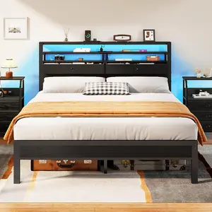 Furologee Full Size Bed Frame with Headboard and 2 Fabric Drawers LED Lights and Built in Charging Station Storage Shelves Metal Slats Platform No Box Spring Needed Black Oak