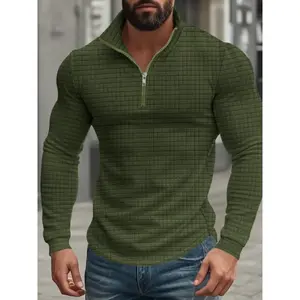 Men's solid color quarter zipper pullover with waffle texture, comfortable and slim fit, suitable for casual or semi casual occasions, men's fashionable long sleeved bottom layer, military green, knittedRAIMENTRY
