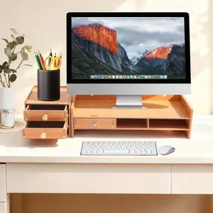 3-Drawer Computer Monitor Stand with Lockable Drawer & Side Cabinet, Wooden Desktop Organizer Riser with Phone Holder & Keyboard Storage, Ergonomic Eye Level Lift for Home Office Desk