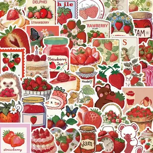 Strawberry Pattern Sticker, 50pcs/set Waterproof Self Adhesive Decor Paper, Decor Sticker for Gift Greeting Card Water Bottle Laptop Cellphone Phone, Cases