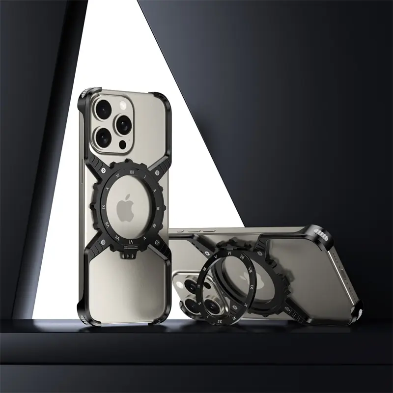 Fin 360° Stand X-shaped Mechanical For iPhone 17 14 13 15 16 Pro Max Plus gear Aluminium Magnetic Frameless Noctilucent Phone Cover