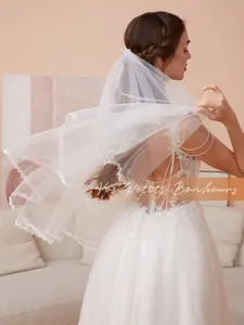 NO COMB Drop Veil, Rose Lace Edge Wedding Veil, Single Tier Bridal Wedding Veil, Ivory Bridal Wedding Veil, Chic and Boho Bridal Veil