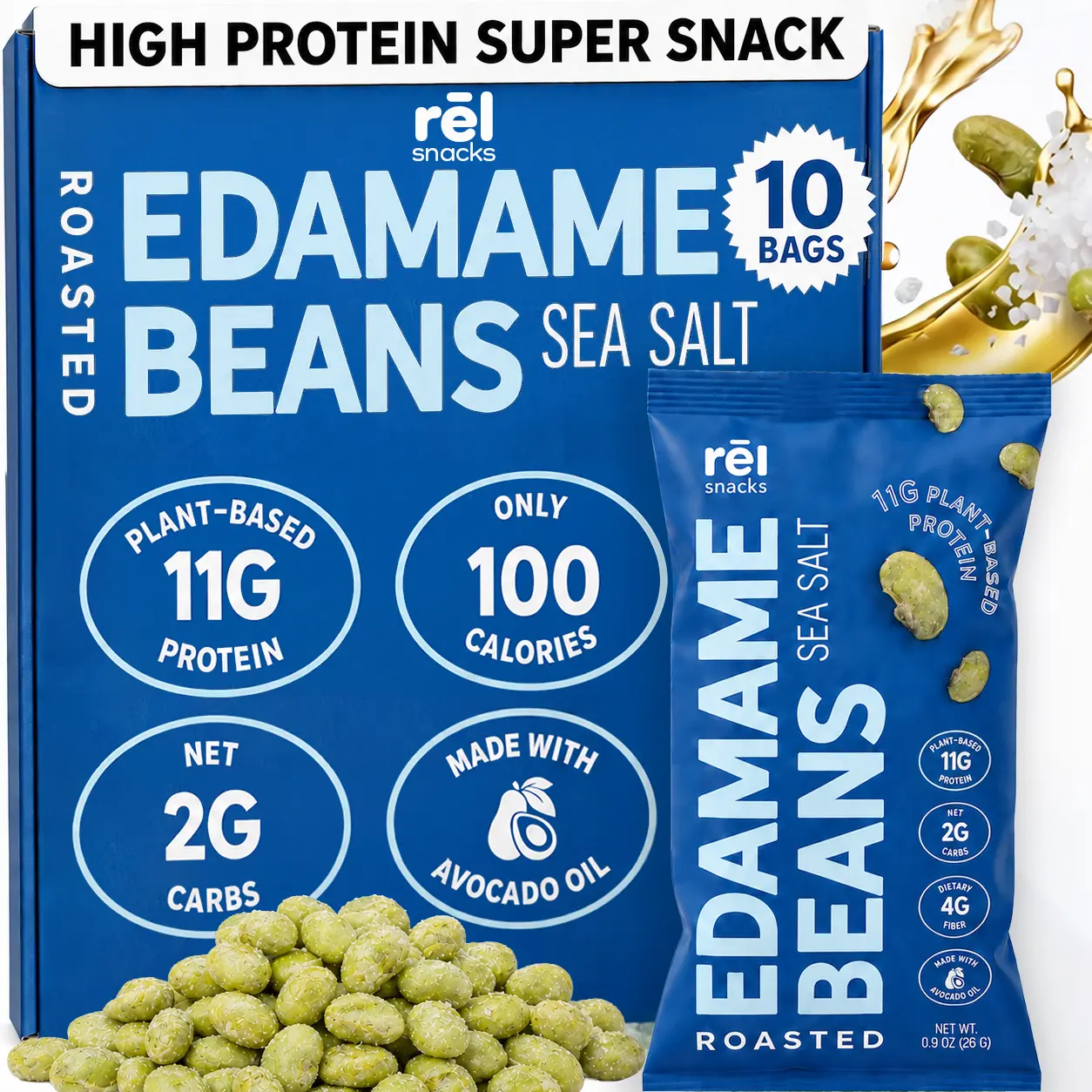 Rel Snacks Sea Salt Crunchy Roasted Edamame Beans 0.9OZ 10 Pack Protein Fiber High Protein Low Carb Keto Friendly Snack