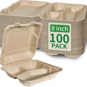 Compostable 100 Pack 8x8 Inch 3 Compartment Takeout Lunch Box Containers with Lid