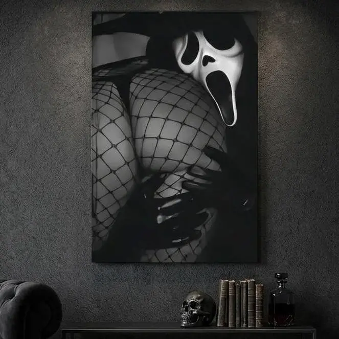 Ghostface Scream Framed Canvas Wall Art - Dark Gothic Horror Poster, Minimalist Farmhouse Home Decor, Spooky Halloween Homegoods for Bedroom, Gift for Horror Movie Fans