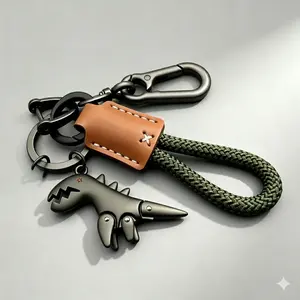 Cute Dinosaur Car Keychain with Leather Strap, Fashionable Alloy Keyring, Sandblasted Aluminum Alloy, Includes Eight Character Buckle & D-Ring for Car, Bag & Key Decor