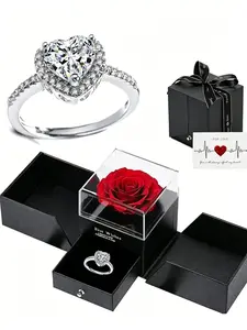Elegant Heart Shaped Zircon Promise Ring, Heart Promise Rings in Rose Gift Box, Promise Ring for Women, Adjustable Open Design, Tarnish-Resistant, Valentine's Day Jewelry Gift for Girlfriend, Engagement Ring, Perfect for Proposals & Anniversaries