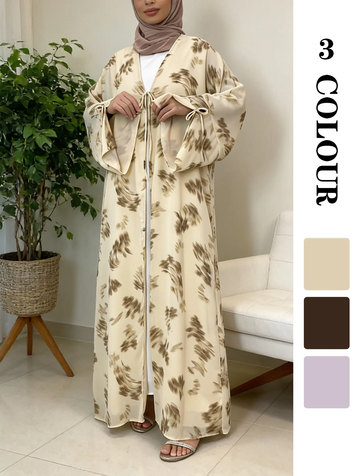 Mystic Ink Printed Open Front Abaya, Muslim Sisters' Atmosphere Modesty Dress, Modest Muslim Outfits, 3 Colors, 5 Sizes, Polyester Fabric, Flowy & Drapeable, Daily Wear