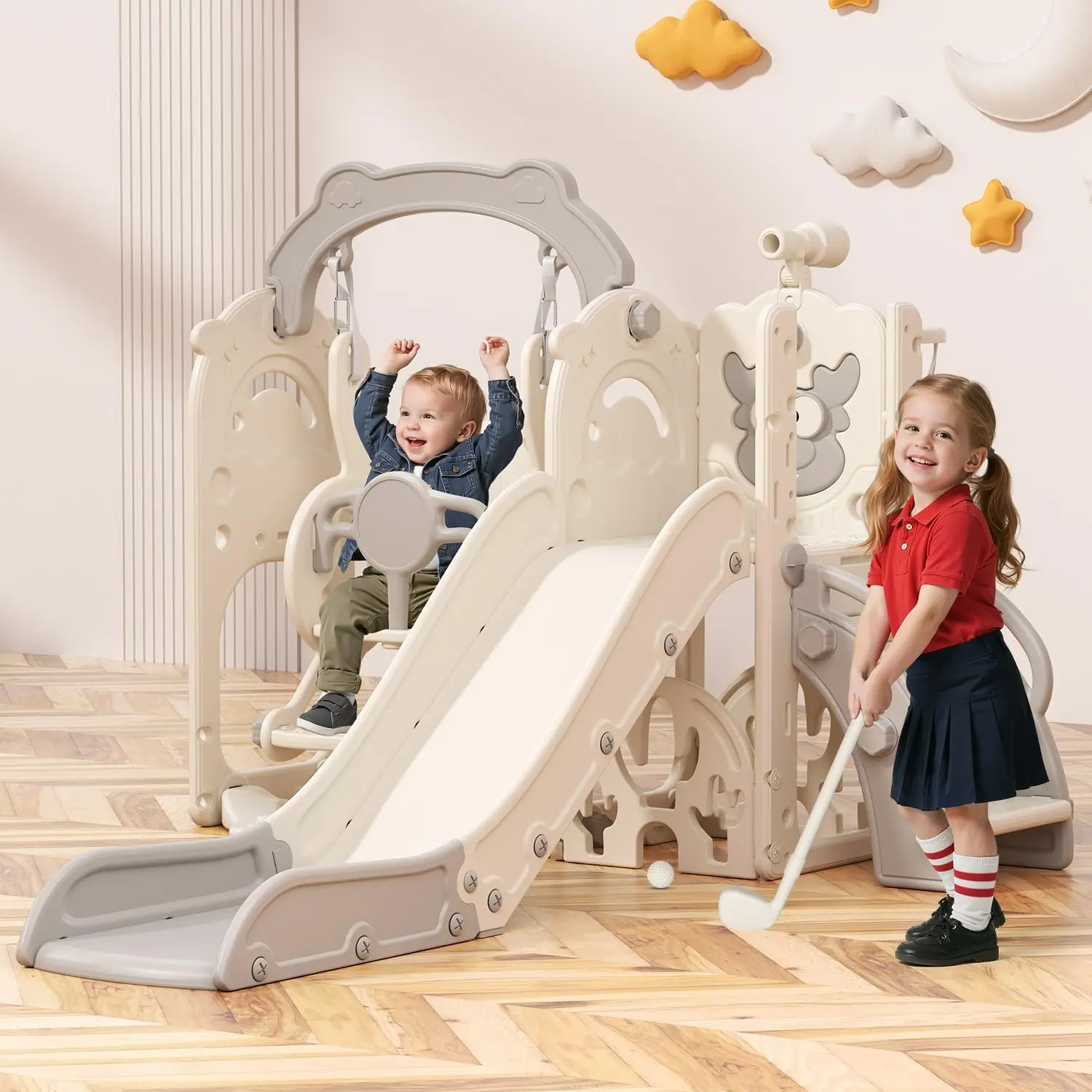 BIERUM 7-in-1 Durable Toddler Slide Playset - Indoor-Outdoor Playground Equipment with Climber, Basketball Hoop, Golf Toys for Ages 1+