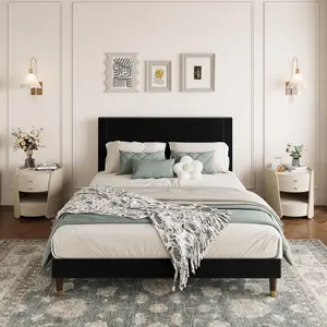 Garvee Queen Platform Bed Frame with Headboard, Comfy Corduroy Upholstered Bed Frame with Wooden Slats Support, No Box Spring Needed, Noise Free & Easy to Assemble, Corduroy Platform for Bedroom, Black