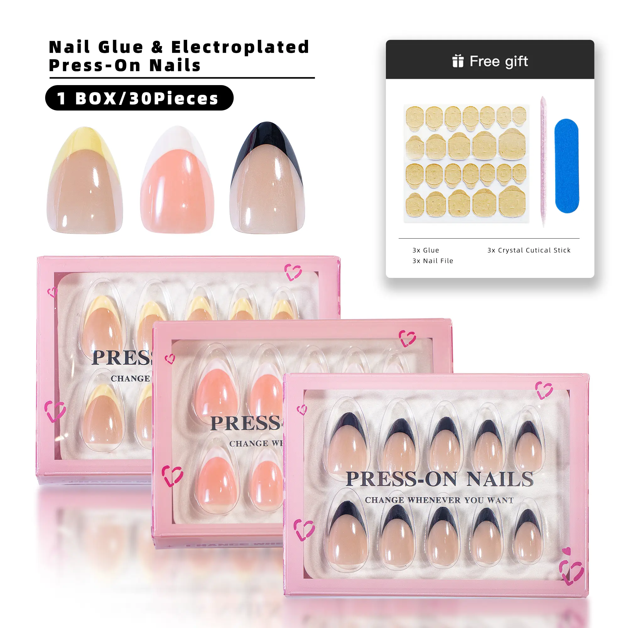 ASKISS 30-Piece Multi-Pack Almond French Tip Press-On Nails, Nail Art Accessories for Beauty & Personal Care, 30 Pieces, Daily Wear, Nail Extension, Decorative Nails