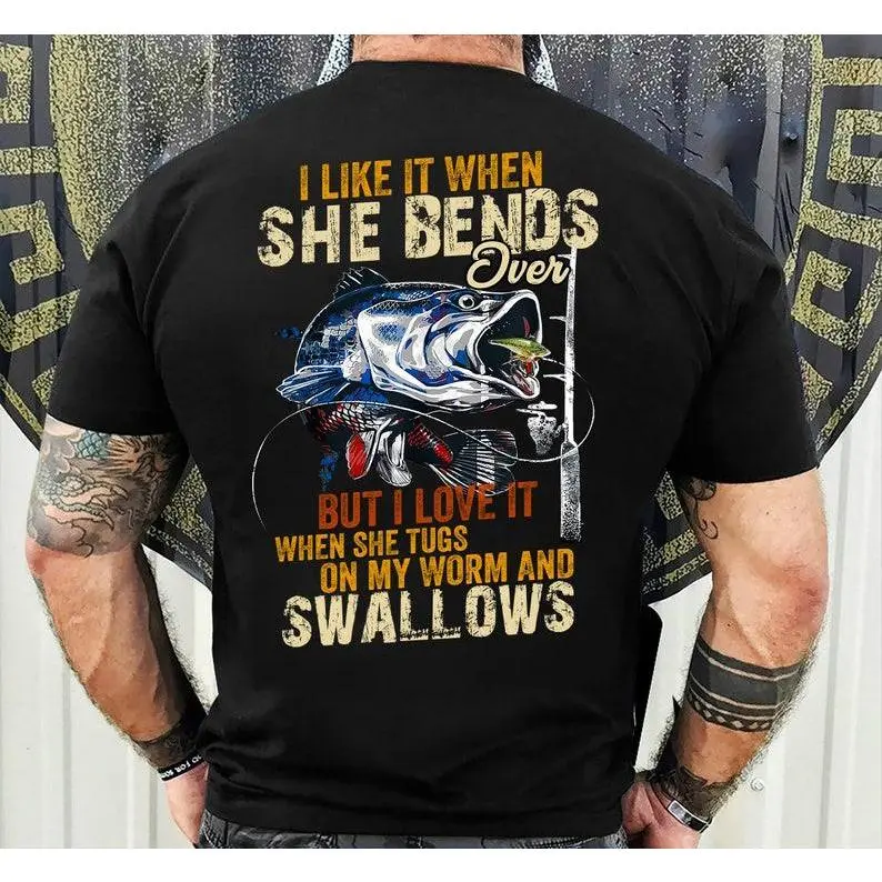 MONO LABEL [100% Cotton] Lightweight Funny Fishing Gifts, I Like When She Bends Over But I Love It When She Tugs On My Worm And Swallows T-Shirt, Lagermouth bass fishing for men summerwins