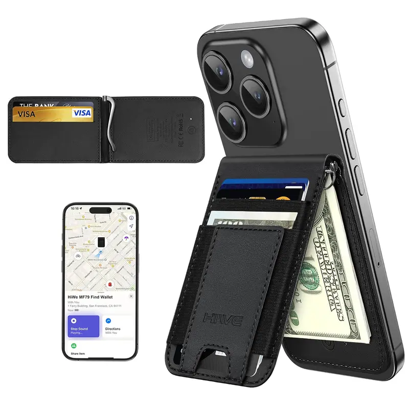 Hiwe MagSafe Wallet Stand with Money Clip, Anti-Lost Magnetic Wallet for iPhone 17/16/15/14/13/12 Series, Works with Apple Find My, 8 Cards Holder, Leather RFID for iPhone Wallets