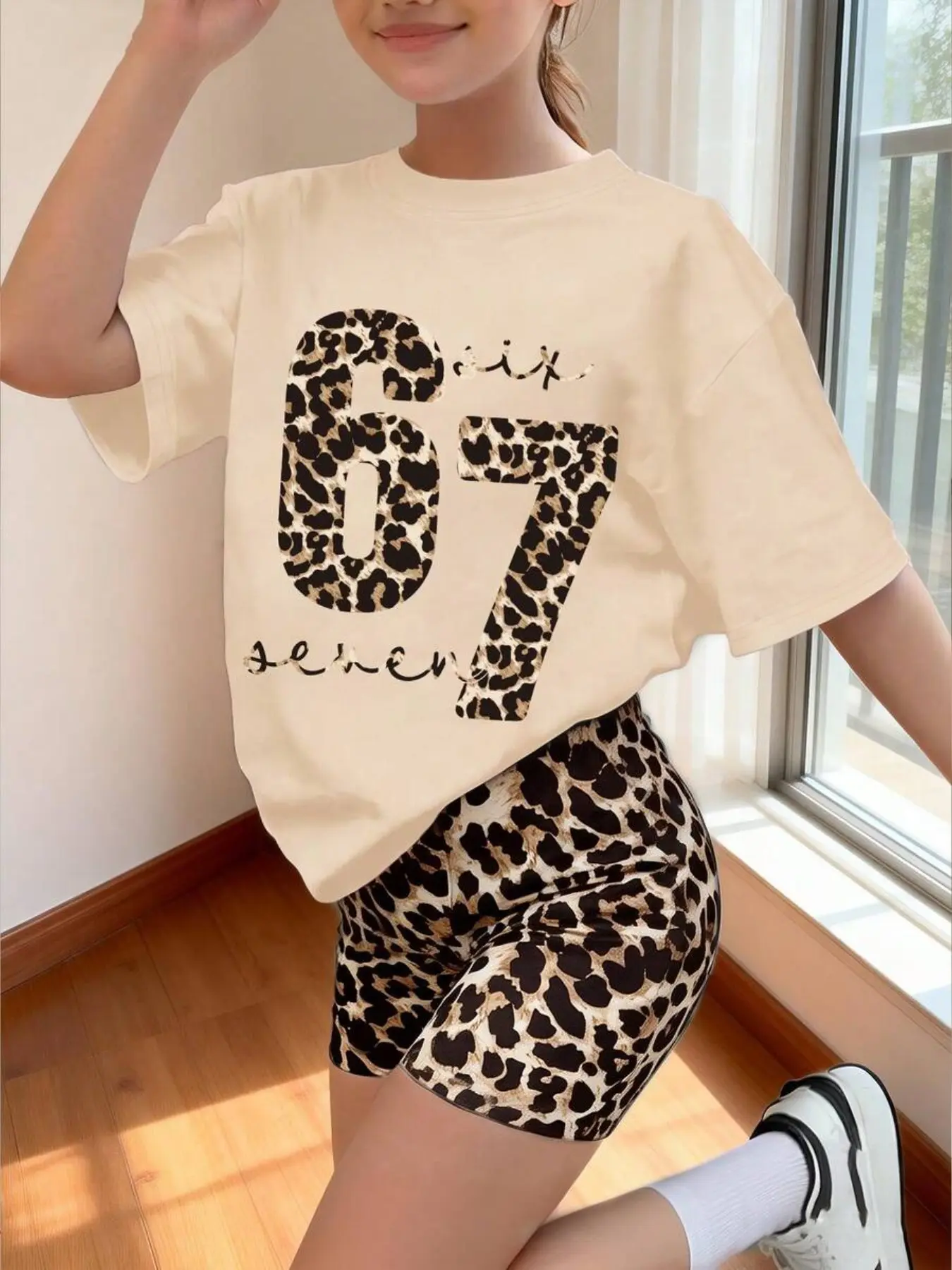 Leopard Print & Number Combo Kids Set, Trendy Leopard Print T-Shirt + Bike Pants, Comfortable Casual for Girls Aged 4-12, Tee Set, Fashion Set