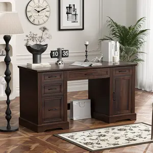 AHB 58" Executive Desk, Home Office Desk with Drawers and Cabinet, Wooden Workstation with Storage, Farmhouse Desk for Writing, Studying, Working Sturdy Computer Desk Stable Tabletop Solid Wood Bookshelf Sit Stand Desk