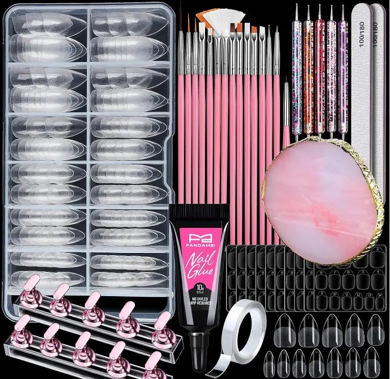 Nail Art Kit, Nail Design Tools kit with Nail Brushes, Dotting tool, Mixing Palette, Nail Stand. Fake Nail Kits with Almond Gel Nail Tips, Nail Glue, Adhesive Tabs, Nail File. Manicure Set