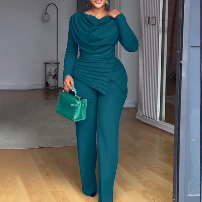 CHICME Cowl Neck Asymmetrical Patchwork Ruched Jumpsuit Wedding Guest Wedding Casual Cinched Waist Zipper Back Straight Leg Jumpsuit