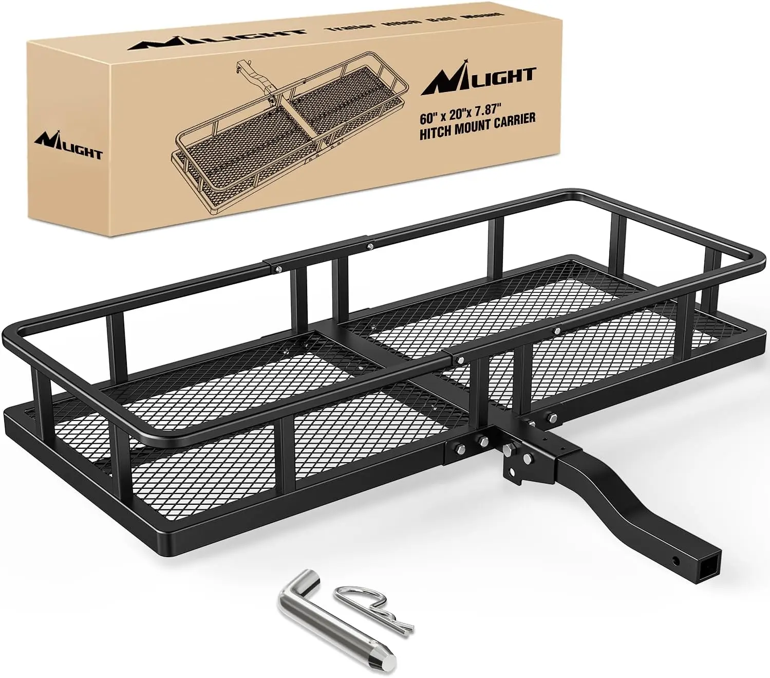 Nilight Foldable Heavy-Duty Metal Hitch Cargo Carrier, 60x24x7.87in Folding Cargo Basket with 5/8in Hitch Pin Clip, 500Lbs Capacity, Fits 2-Inch Receiver, Car Accessory, Truck Accessories for Camping