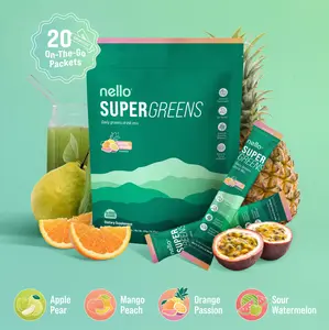 Nello Supergreens Premium Superfood Greens Drink Mix w/Chlorella, Moringa, Spinach & Broccoli + Digestive Enzymes & Probiotic Blend -Nutrient-Packed Powder Wellness